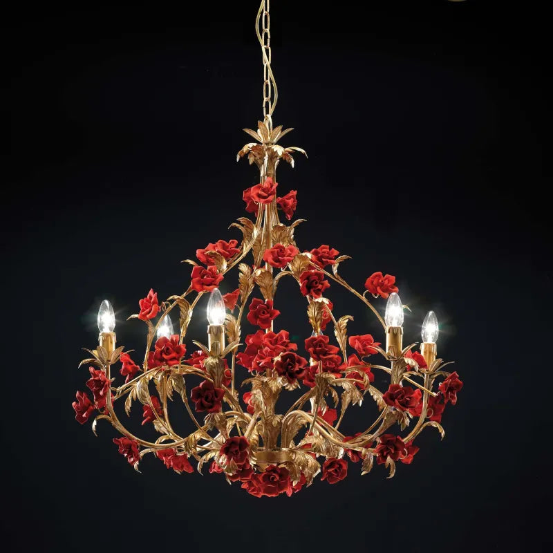 Lampadario classico lusso con rose rosse in ceramica a 6 luci luxury r023