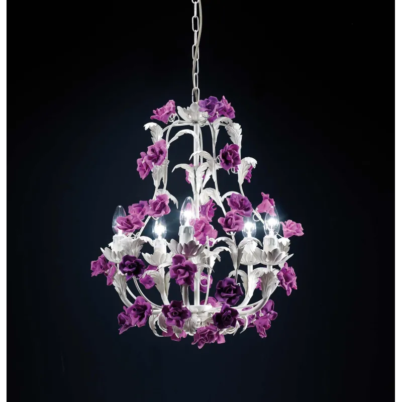 Lampadario classico lusso con rose viola in ceramica a 5 luci luxury r022